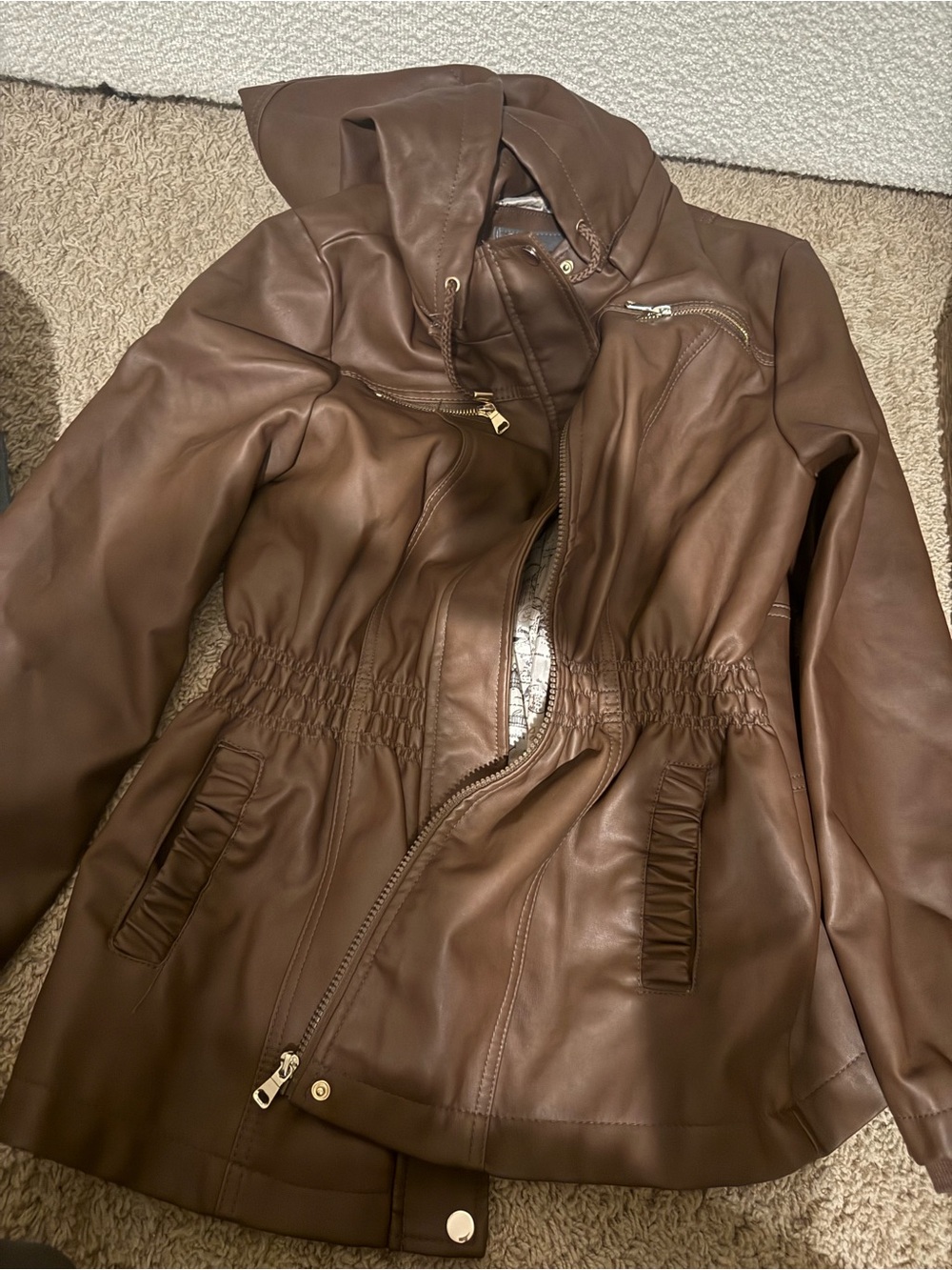 Cavalini Brown Faux Leather Hooded Jacket with Elastic Waist